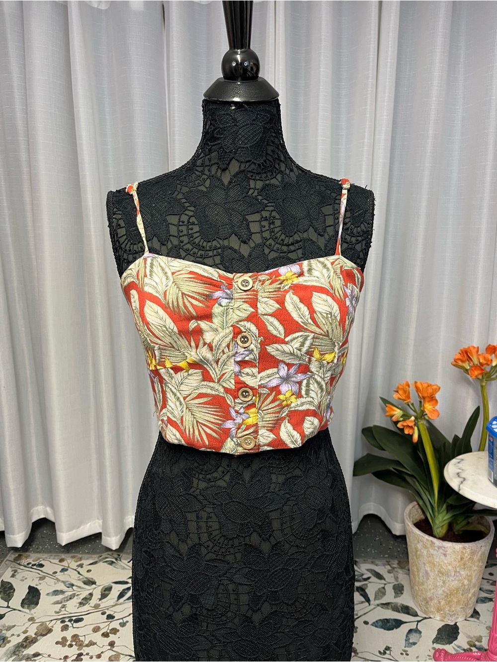 Aeropostale Red Tropical Print Spaghetti Strap Crop Top